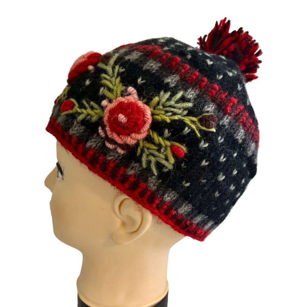Lost Horizons 100% Wool Floral Embroidered Nordic Fair Isle Knit Hat Beanie Pom
